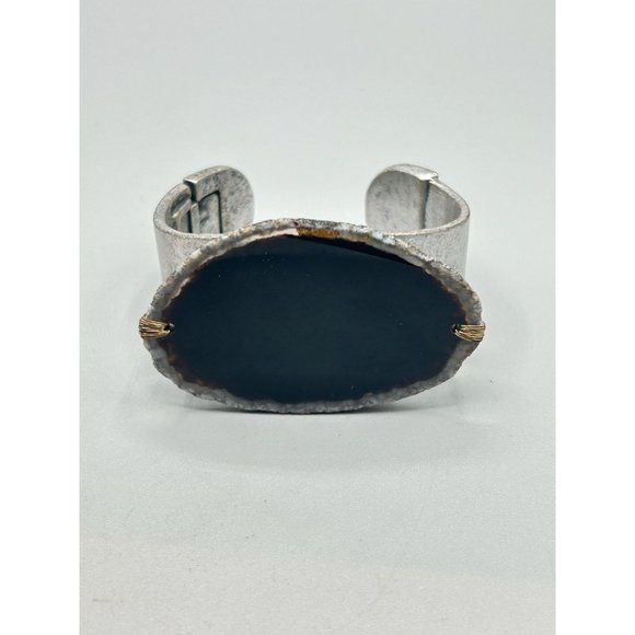 Unusual Black Stone Slab Cuff Bracelet Silver Tone Hinged Side Statement Cuff - Picture 2 of 11